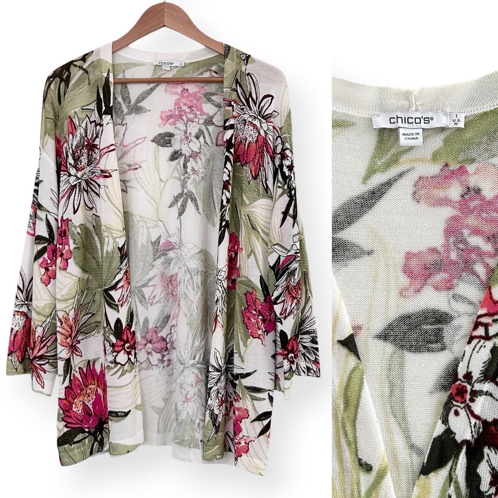 Chico's Women's M Pink Multicolor 3/4 Sleeve Cotton Rayon Tunic Cardigan 1 NWOT